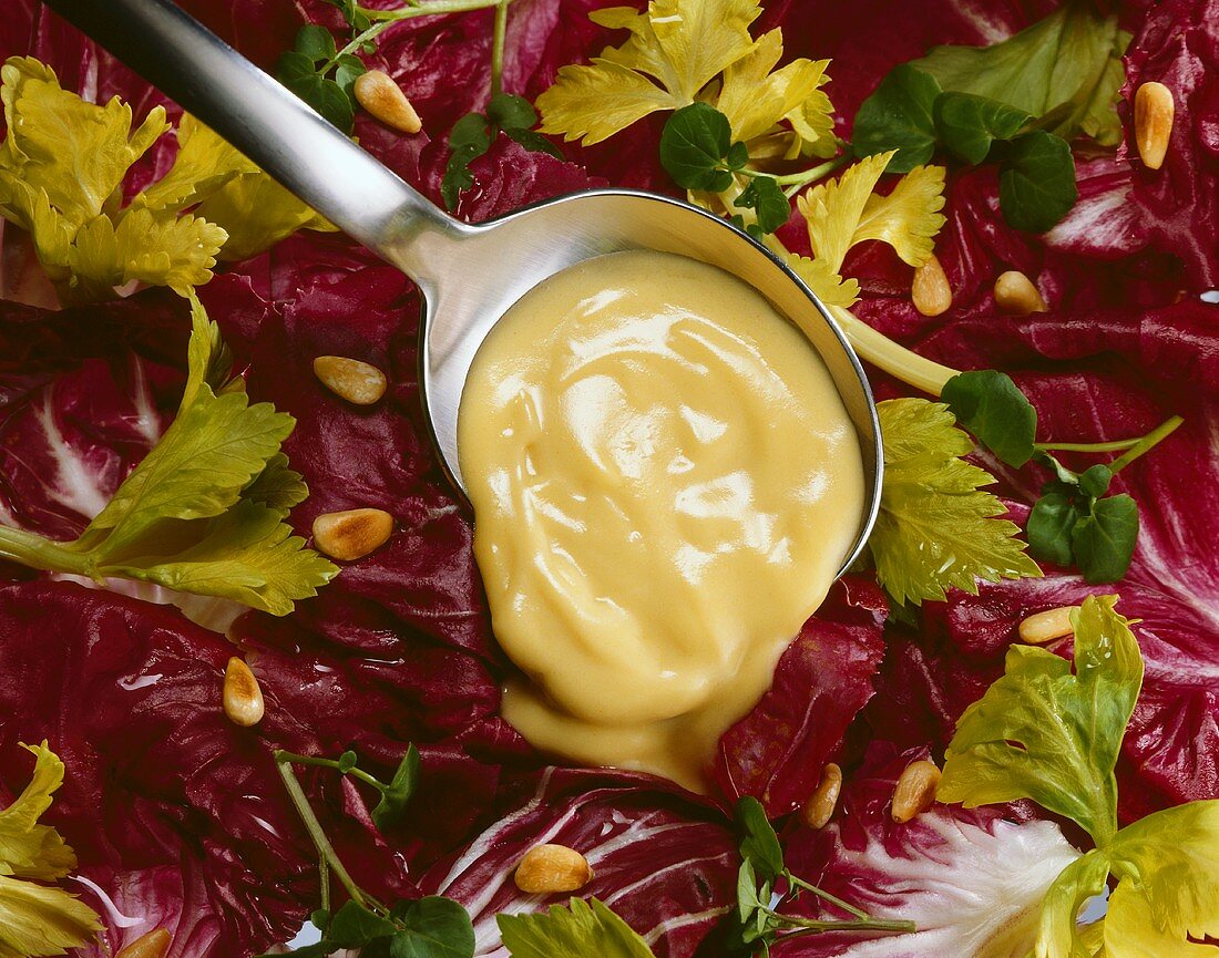 Mayonnaise on spoon above radicchio with pine nuts