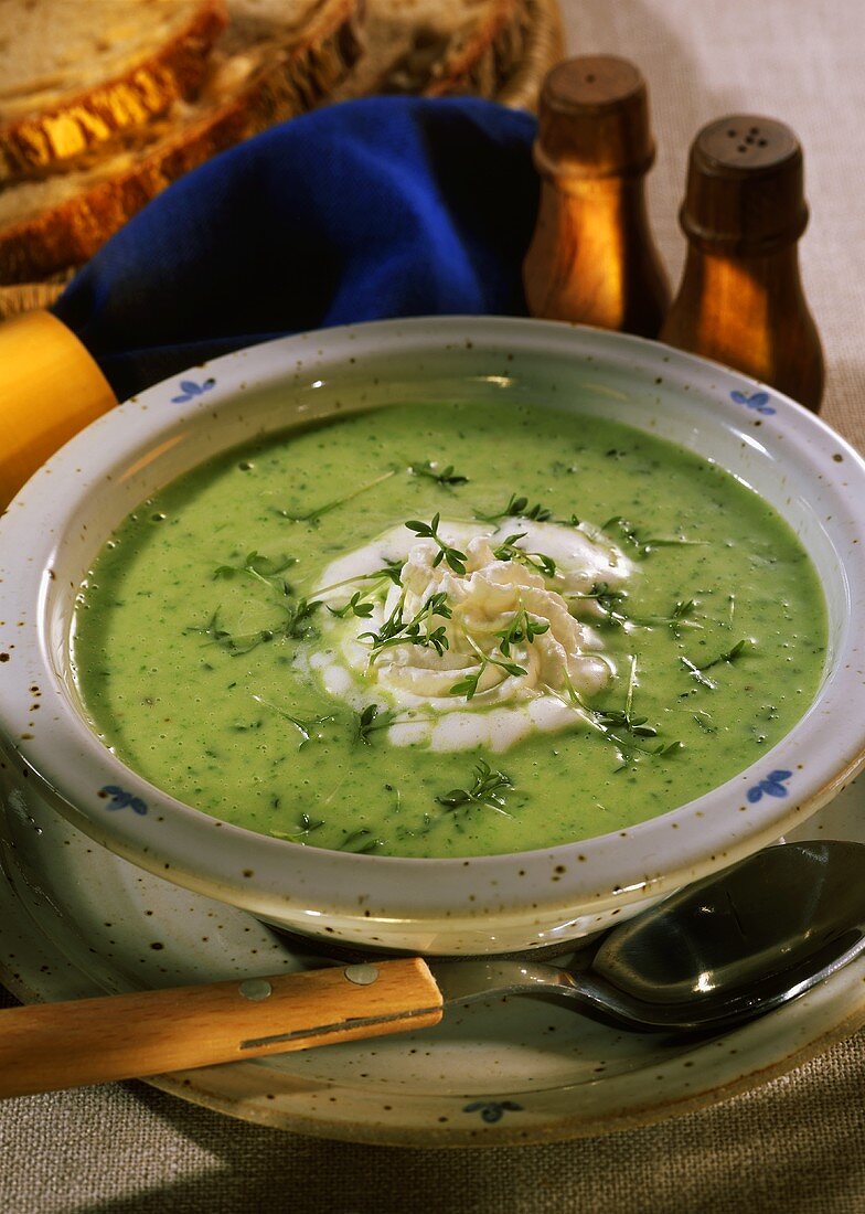 Whipped cress soup with cress leaves and whipped cream