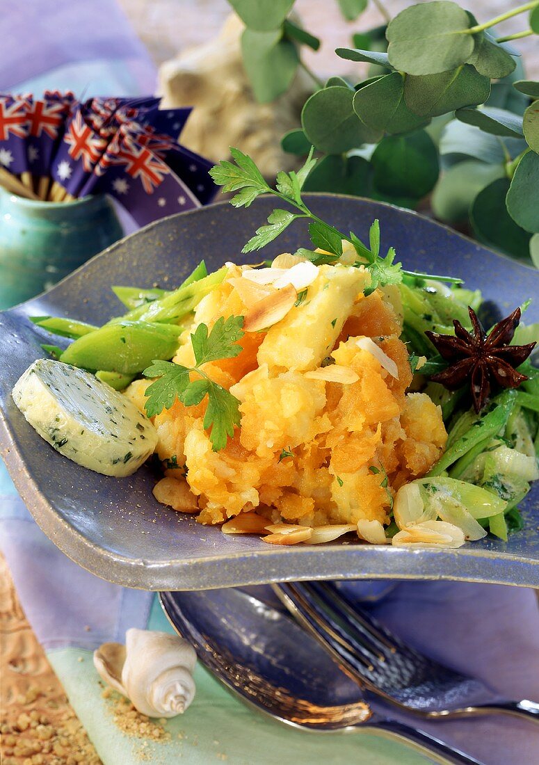 Sweet potato puree with macadamia nuts, leeks & star anise