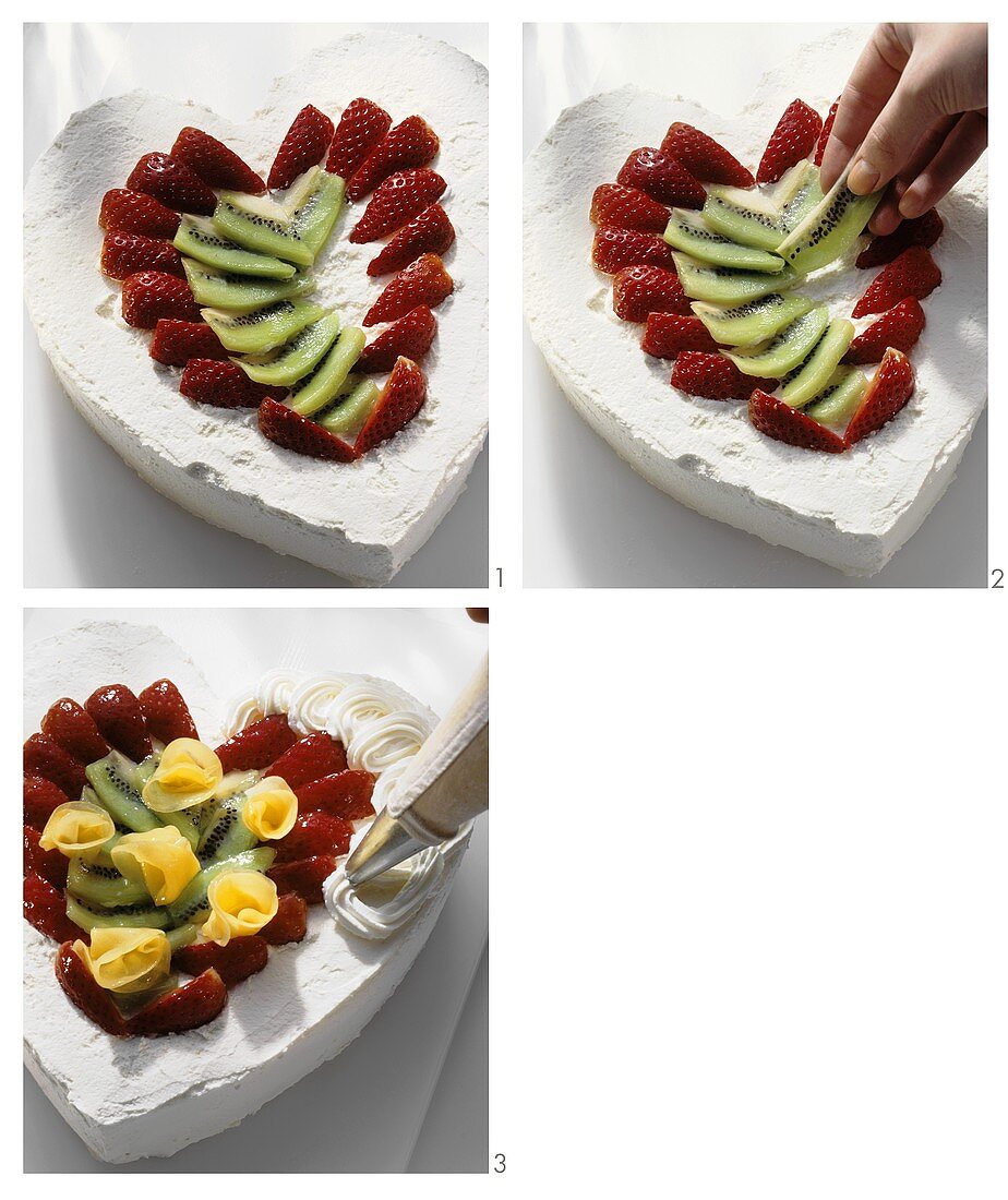Decorating Mother's Day heart with fruit and cream