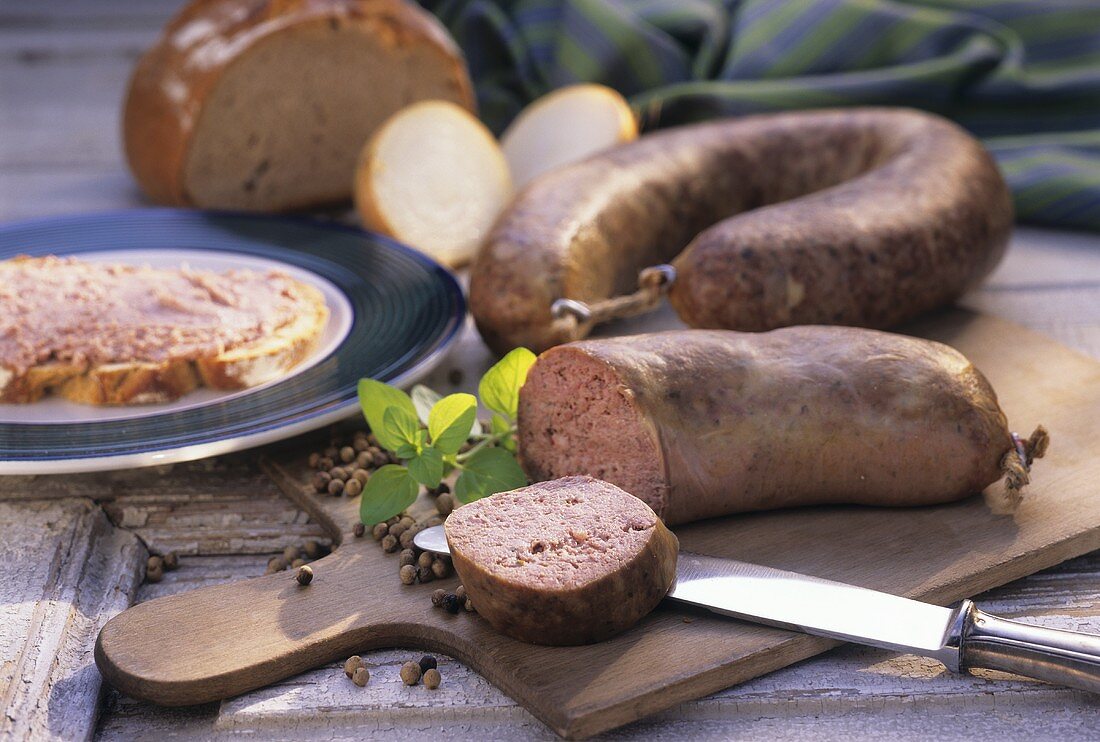 Hausmacher liver sausage on a chopping board