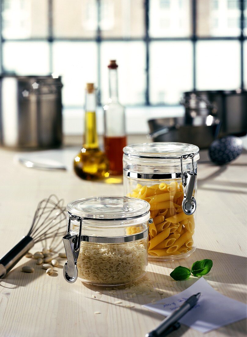 Rice and pasta in storage jars