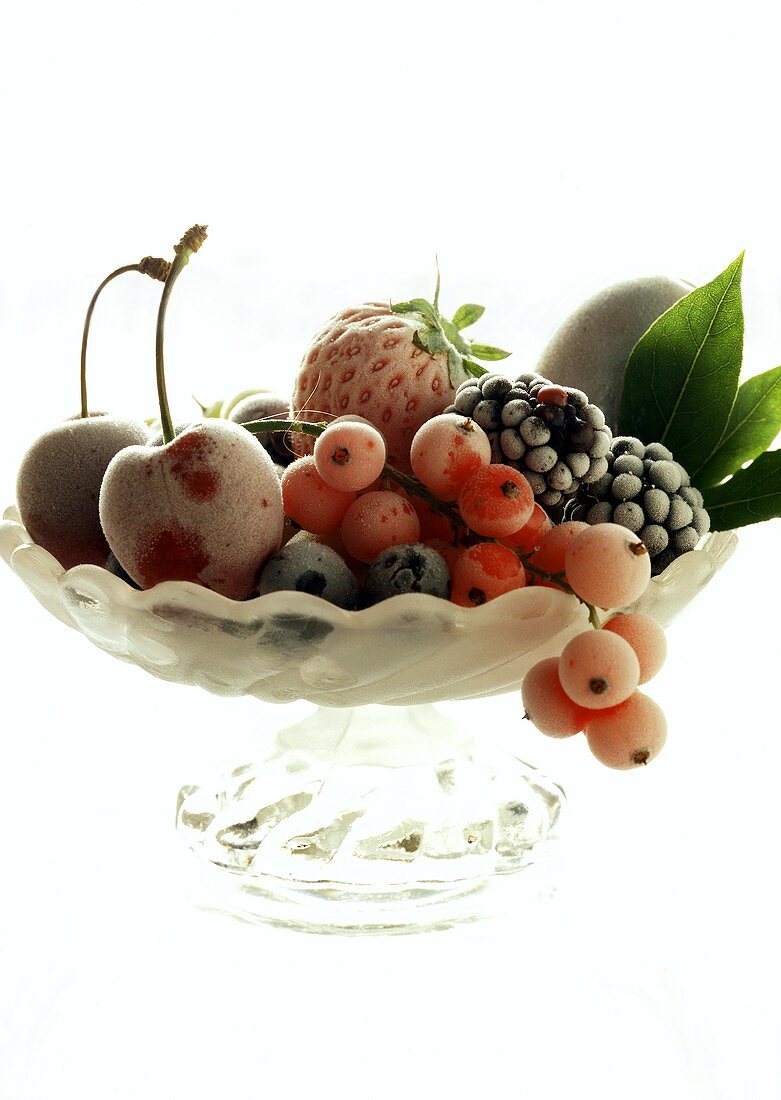 Frozen fruit in a glass bowl