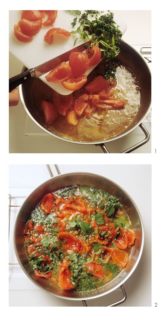 Sweating tomatoes with herbs in frying pan