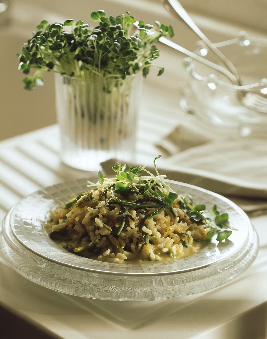 Risotto mit Gemüse und Kresse auf Teller