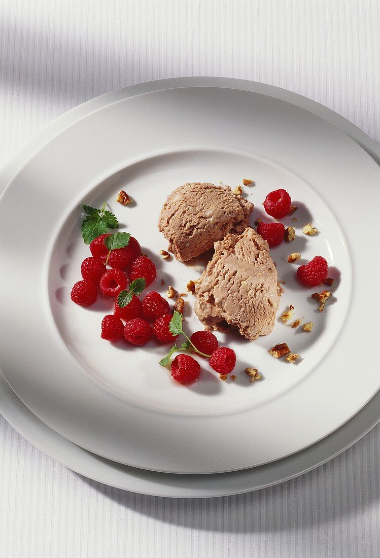 Chocolate ice cream with raspberries