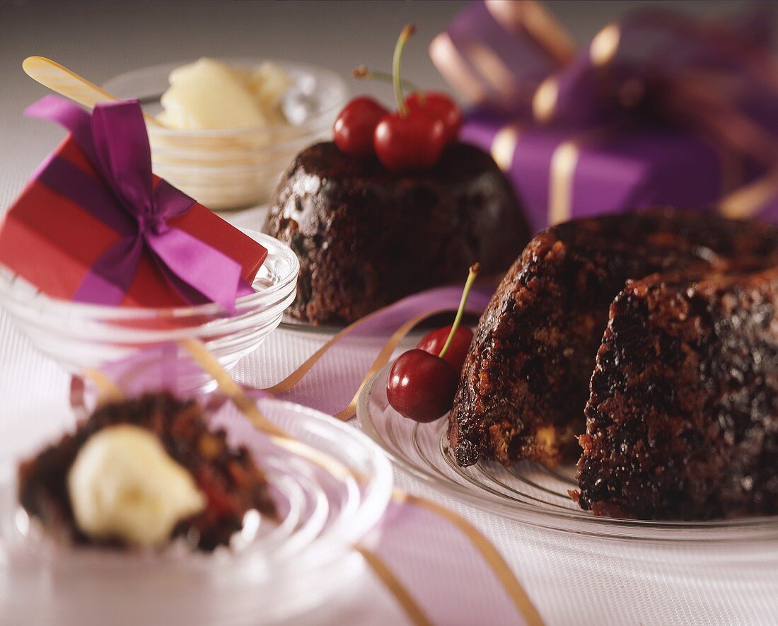 Plum pudding with cherries for Christmas