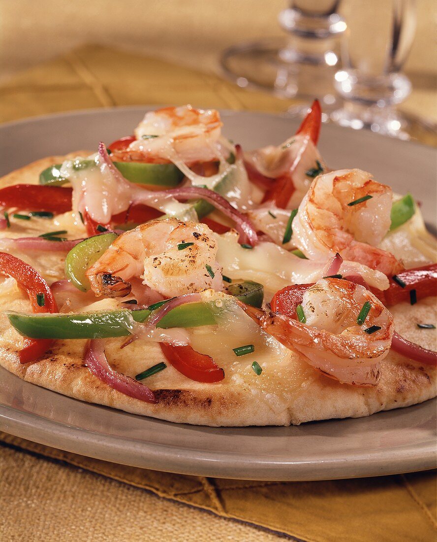 Pizza with seafood, cheese and peppers