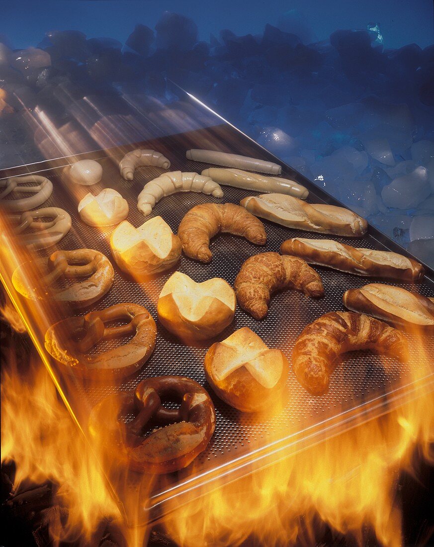 Pretzels, rolls, etc on baking tray between fire & ice