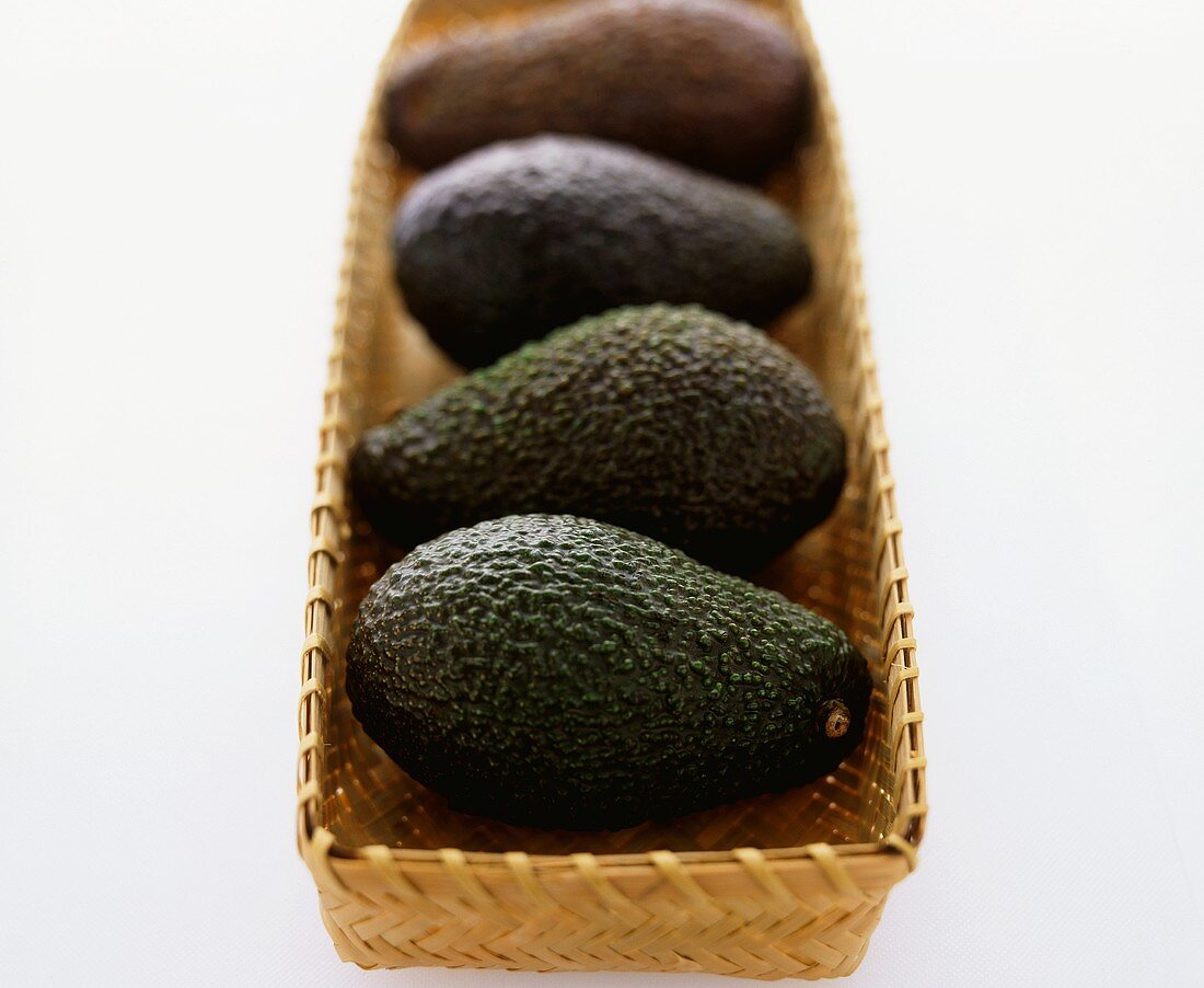 Avocados in a wicker bowl