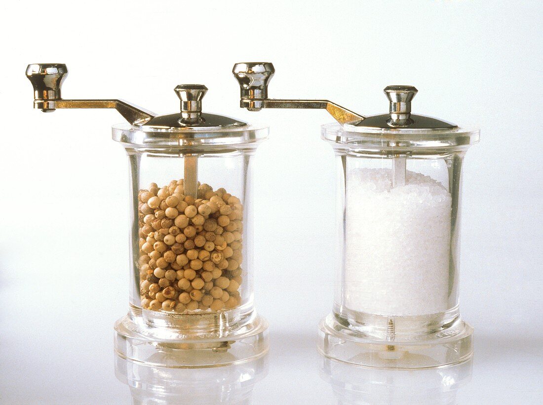 Salt and pepper mill on light background