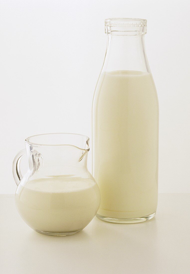 Milk in glass jug and bottle