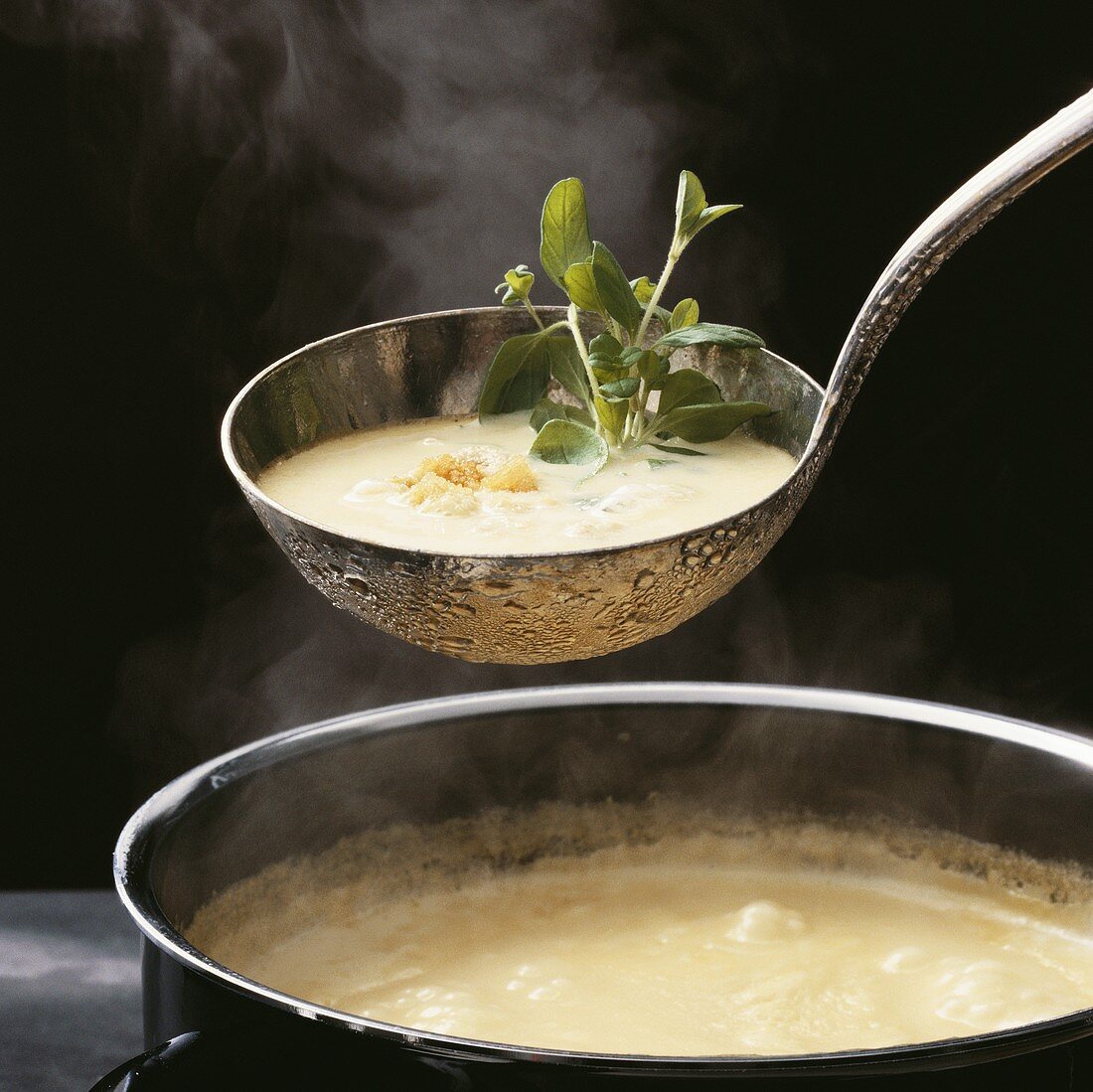 Dampfende Cremesuppe mit Croûtons auf Kelle über Topf