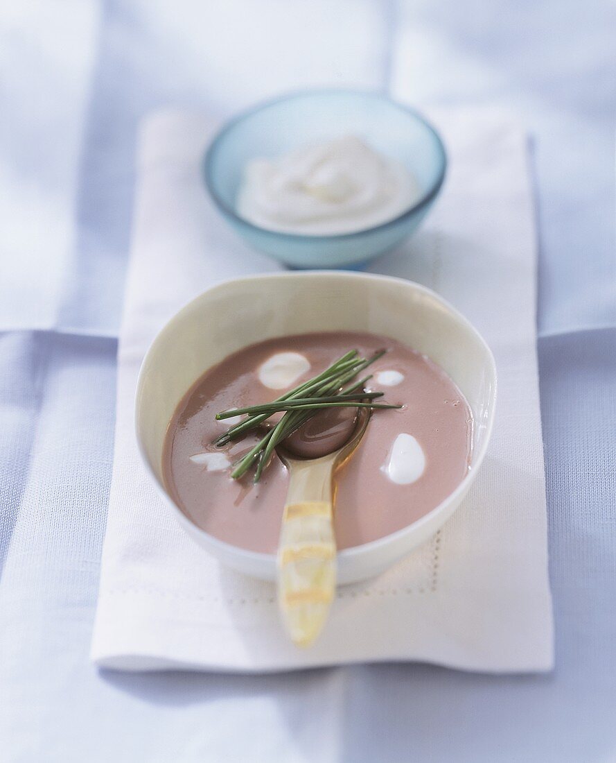 Red onion cream soup with sour cream and chives