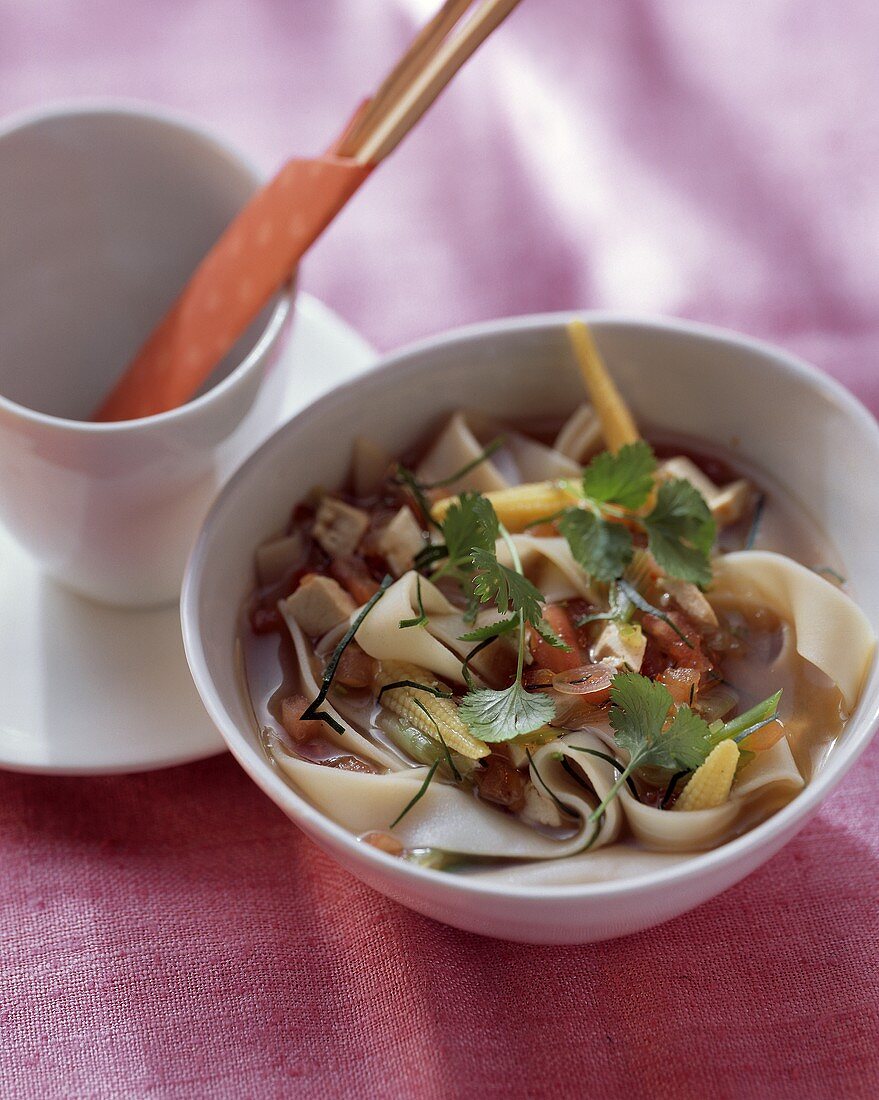 Rice noodle soup with vegetables, tofu & coriander leaves