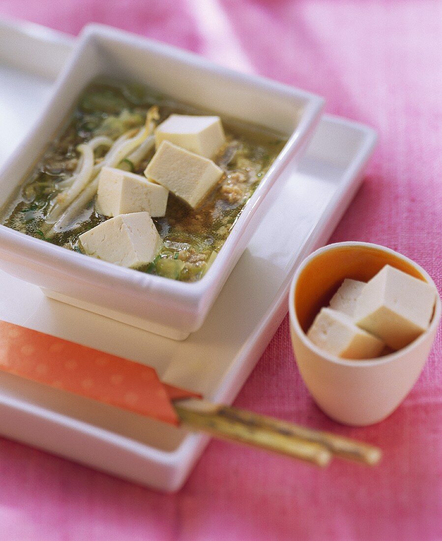 Klare Suppe mit Tofu, Sprossen und Hackfleisch