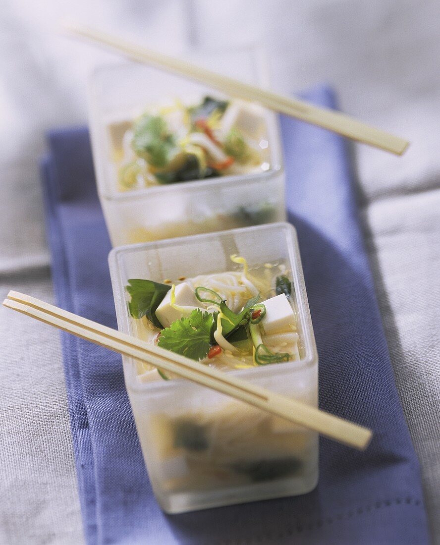 Japanese miso soup with vegetables, tofu and noodles