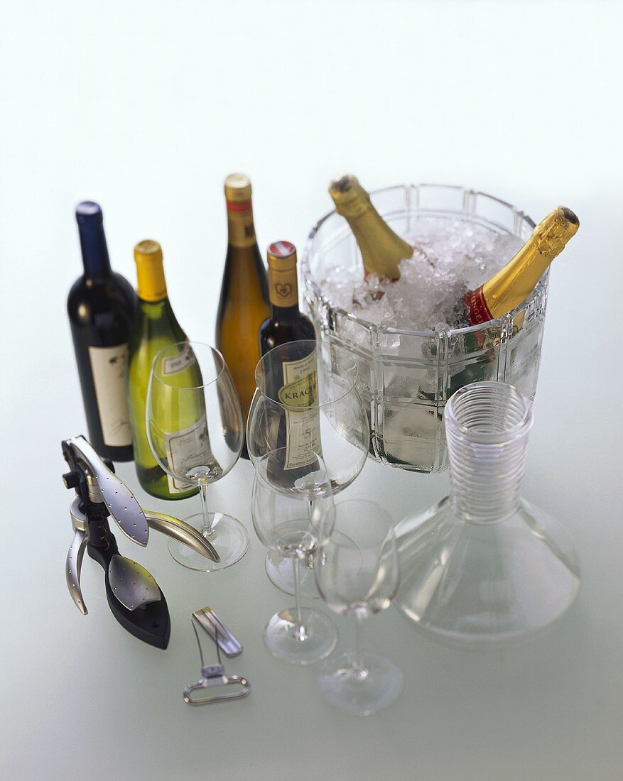 Equipment for wine lovers: glasses, good wines, ice bucket etc.
