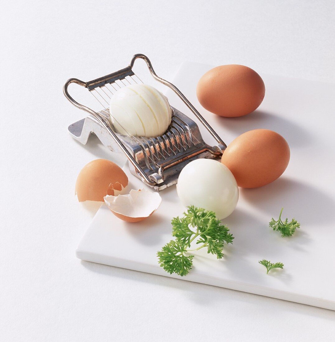 Boiled eggs with an egg slicer