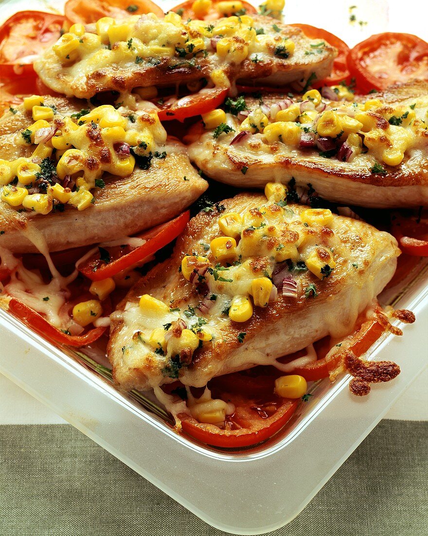 Turkey escalope with corn coating and tomatoes