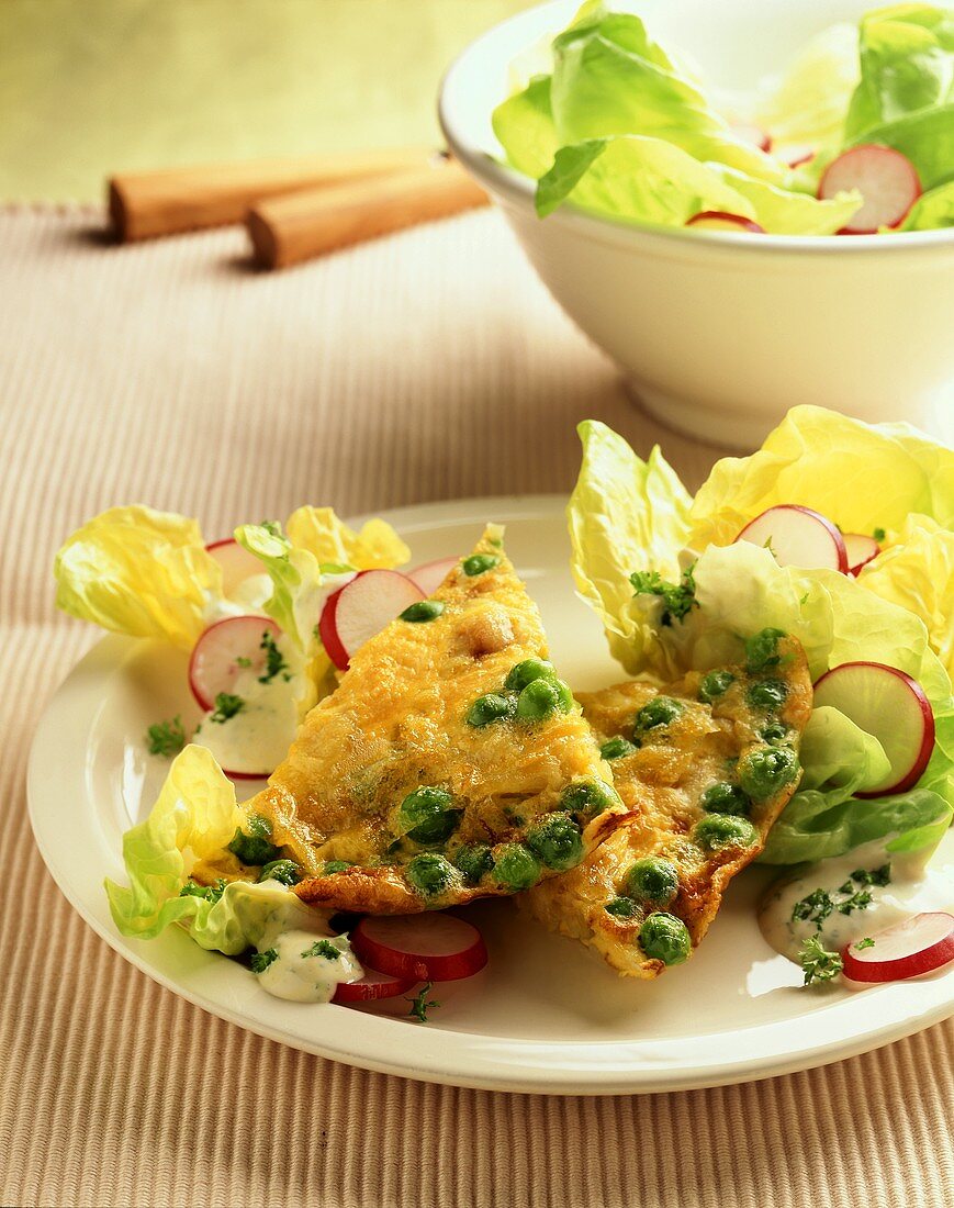 Potato and pea omelette with radish salad