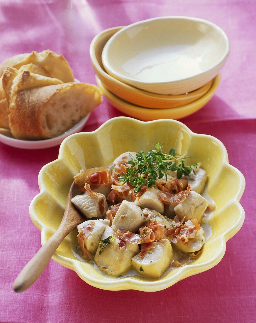 Chicken with ham and fresh thyme; white bread