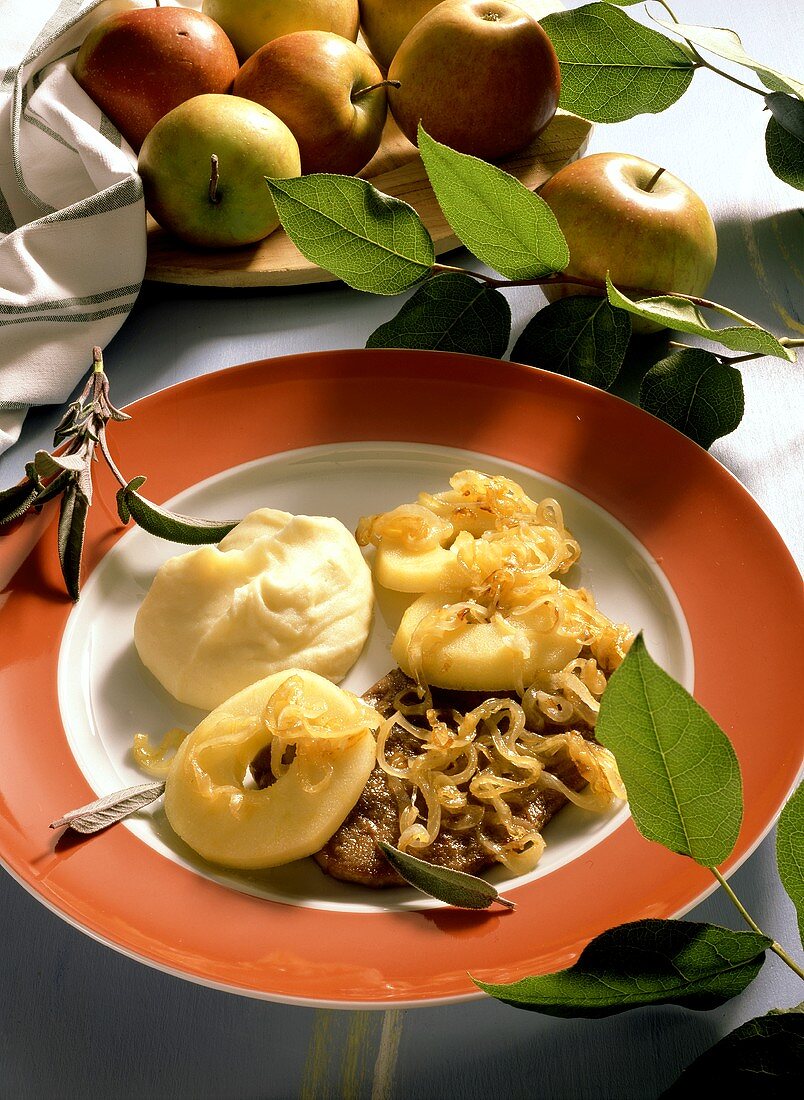 Berlin style liver with onions, apple slices and mashed potato