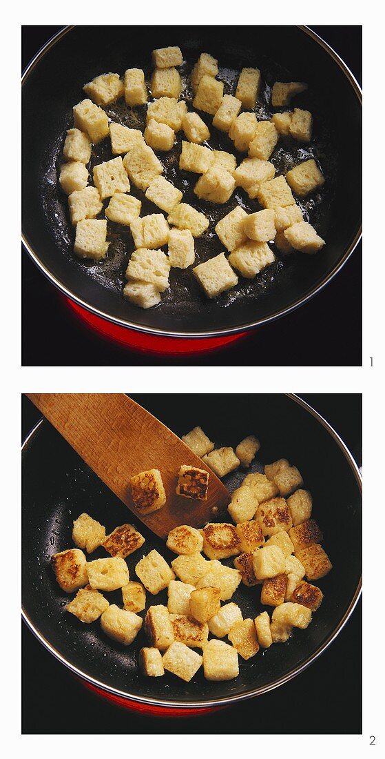 Sautéing croutons in frying pan