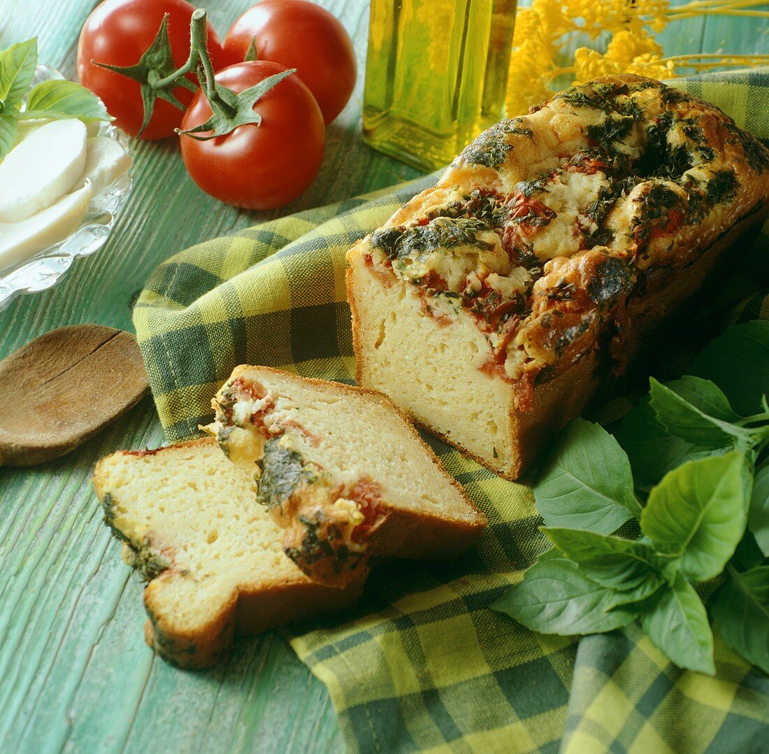 Tomato and basil loaf with ingredients
