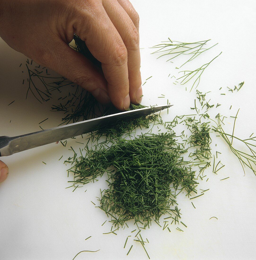 Finely chopping dill
