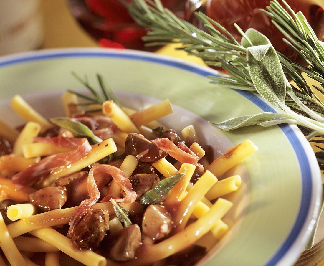 Macaroni with chicken liver, pancetta and sage in wine sauce