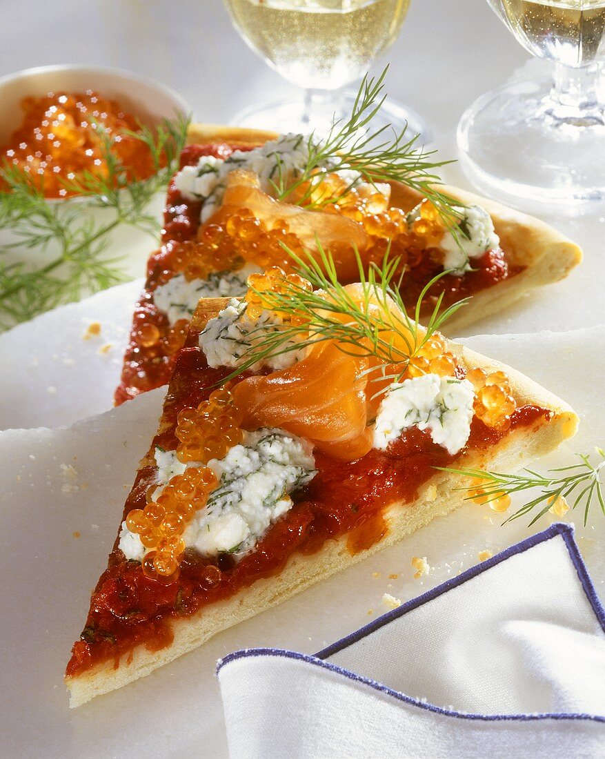 Pizza, Jewish style, with salmon, trout caviare & dill ricotta