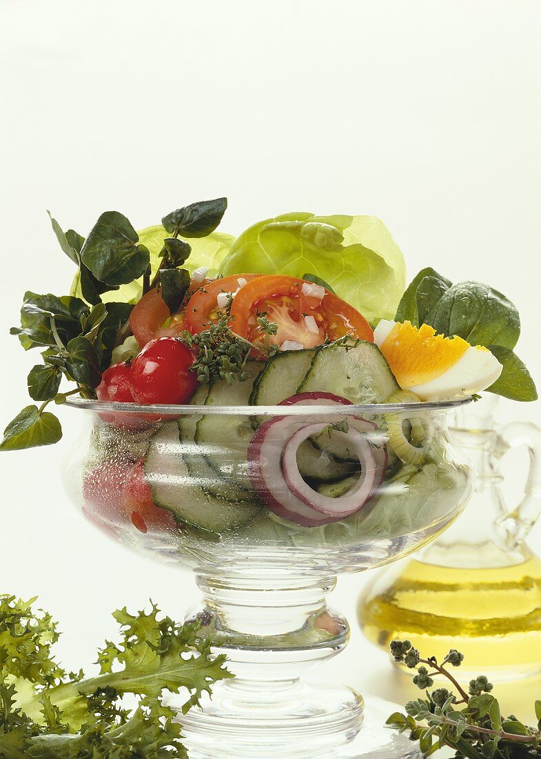 Vegetable salad with egg, lettuce & herbs in glass bowl