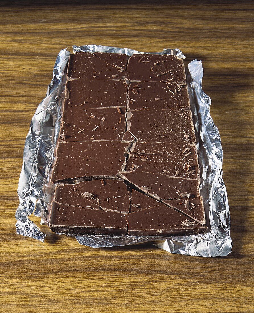 Chocolate bar, broken into pieces, on silver paper