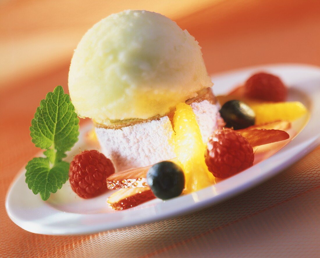 Vanilla ice cream on sponge roll, surrounded by fresh berries