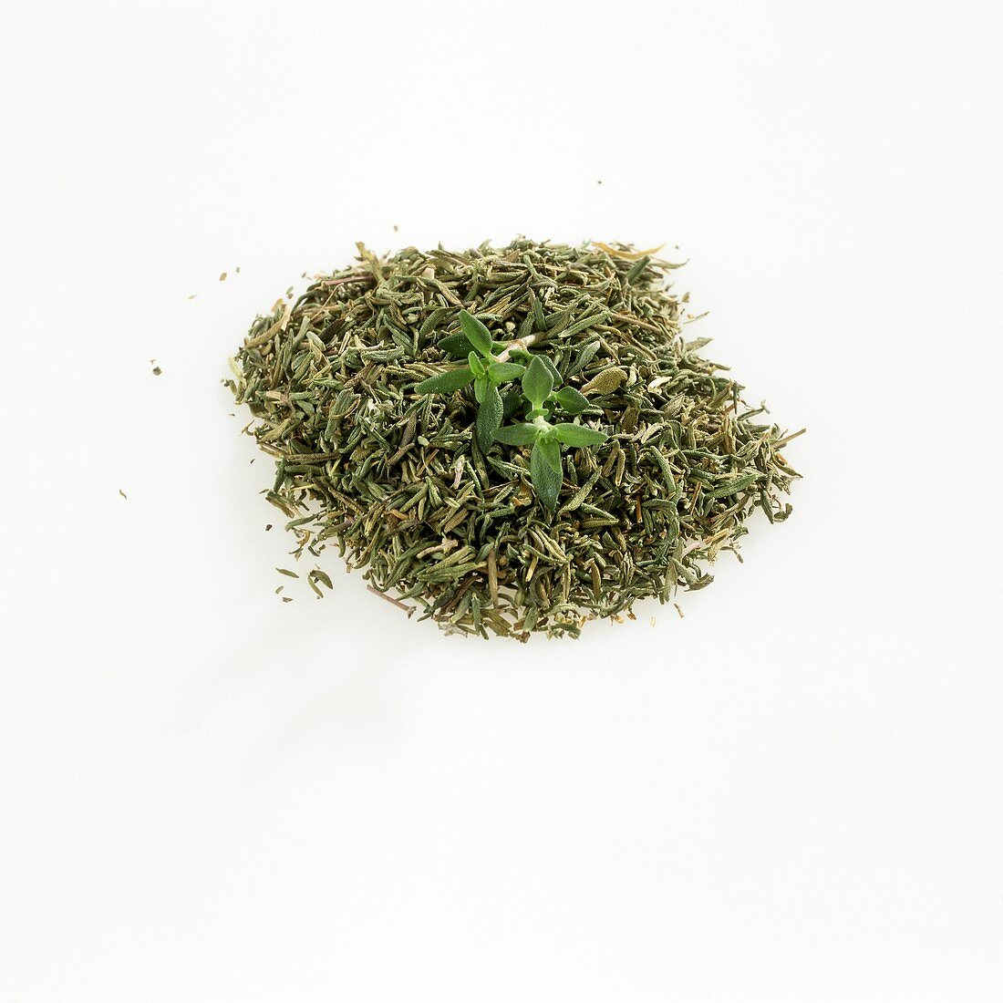Thyme, fresh and dried, on a white background