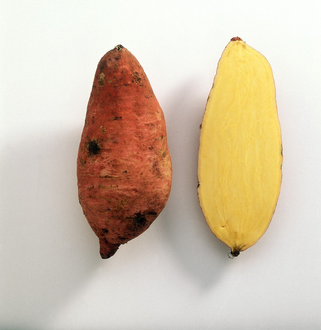 Whole and half sweet potatoes