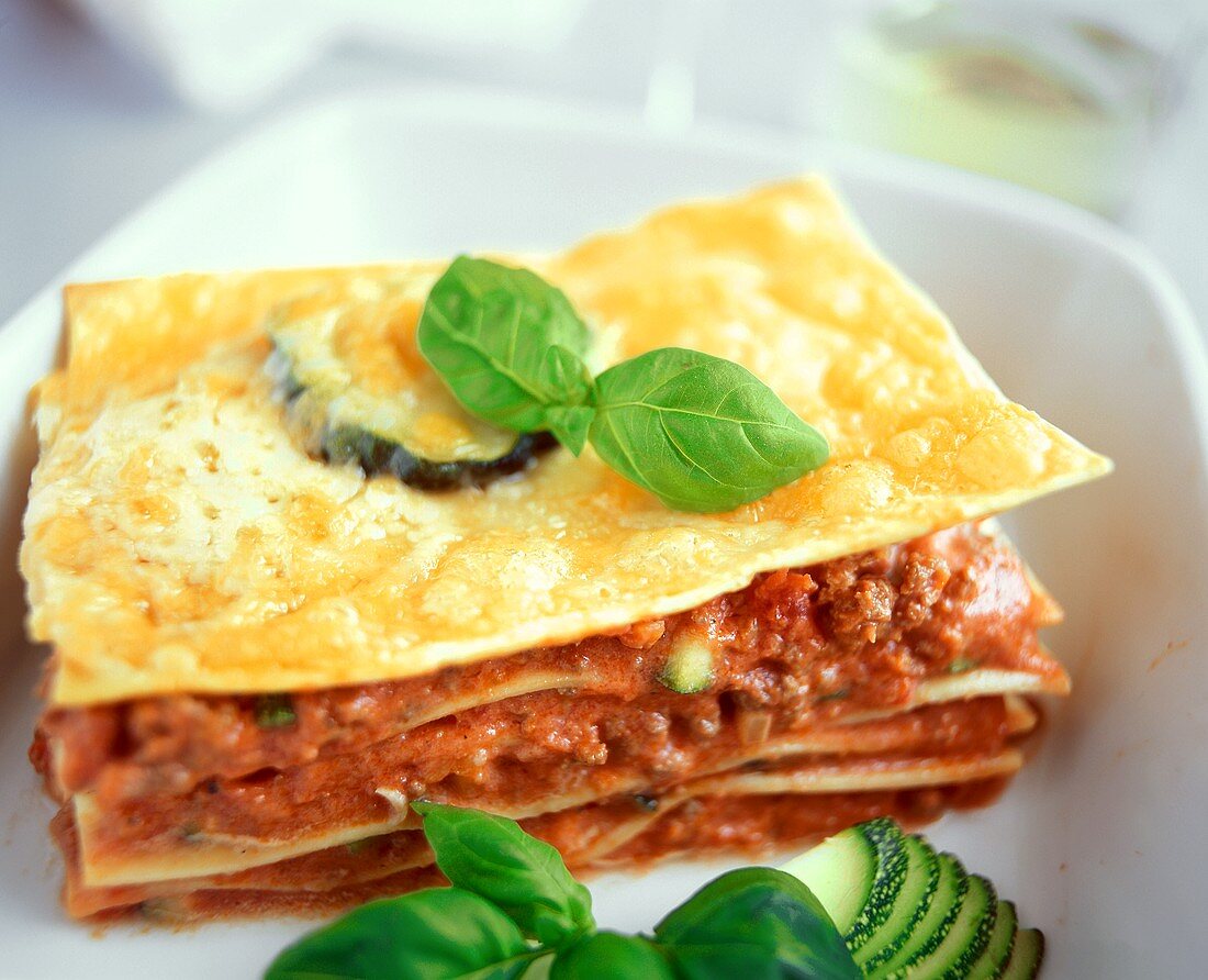 Lasagne with mince and courgette filling and basil