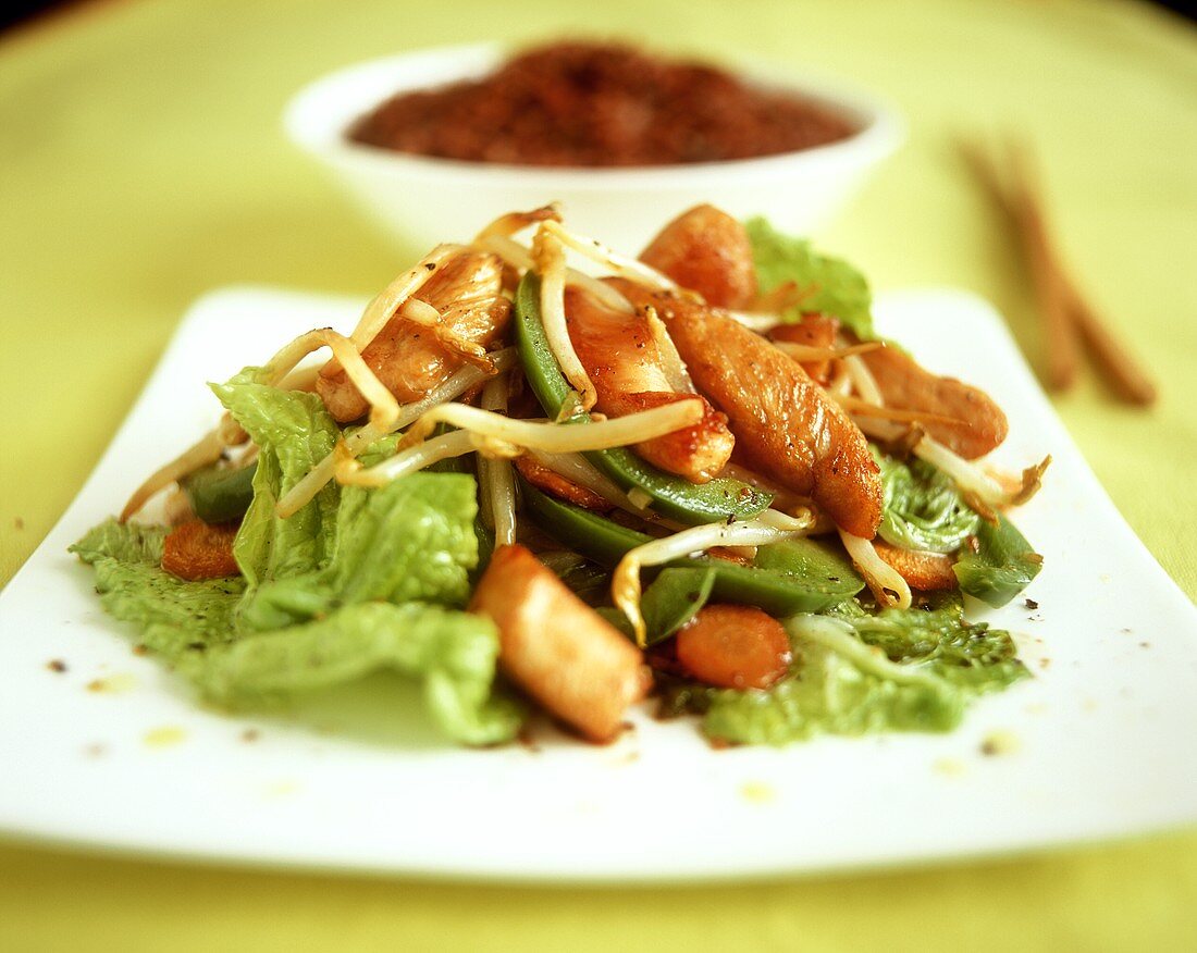 Vegetable stir-fry with poultry on Japanese plate