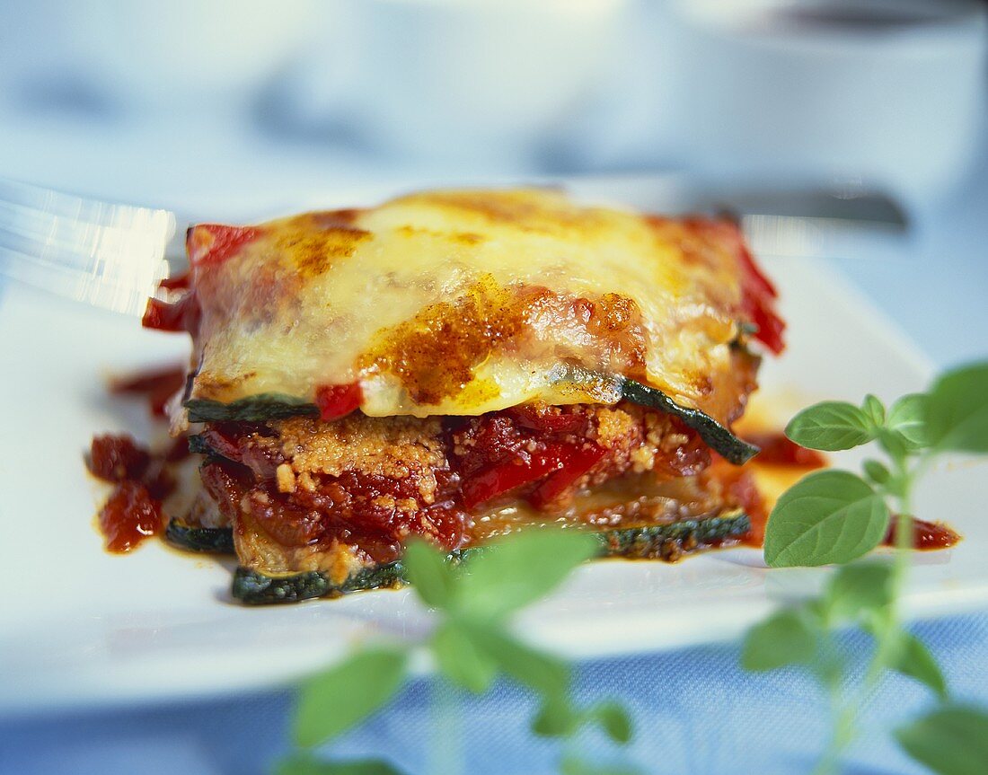 Zucchiniparmigiana mit Tomaten auf weißem Teller