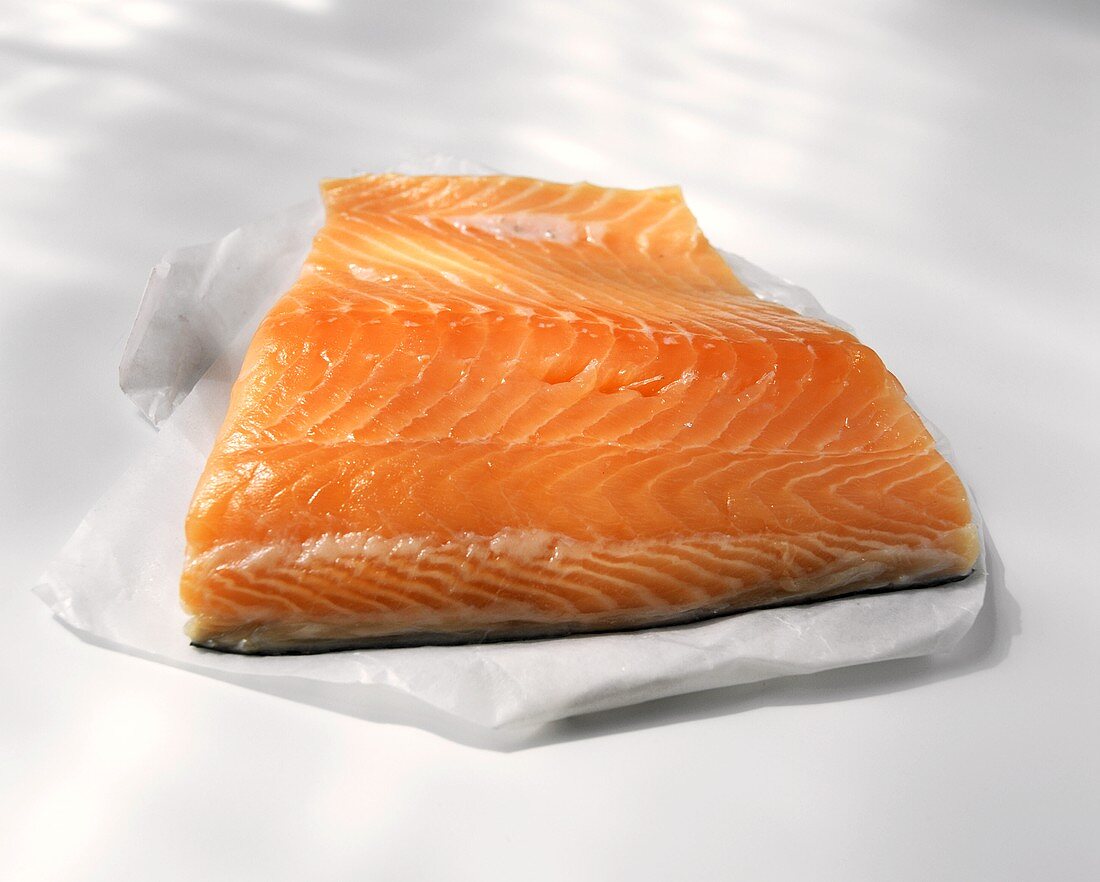 Raw salmon fillet on paper