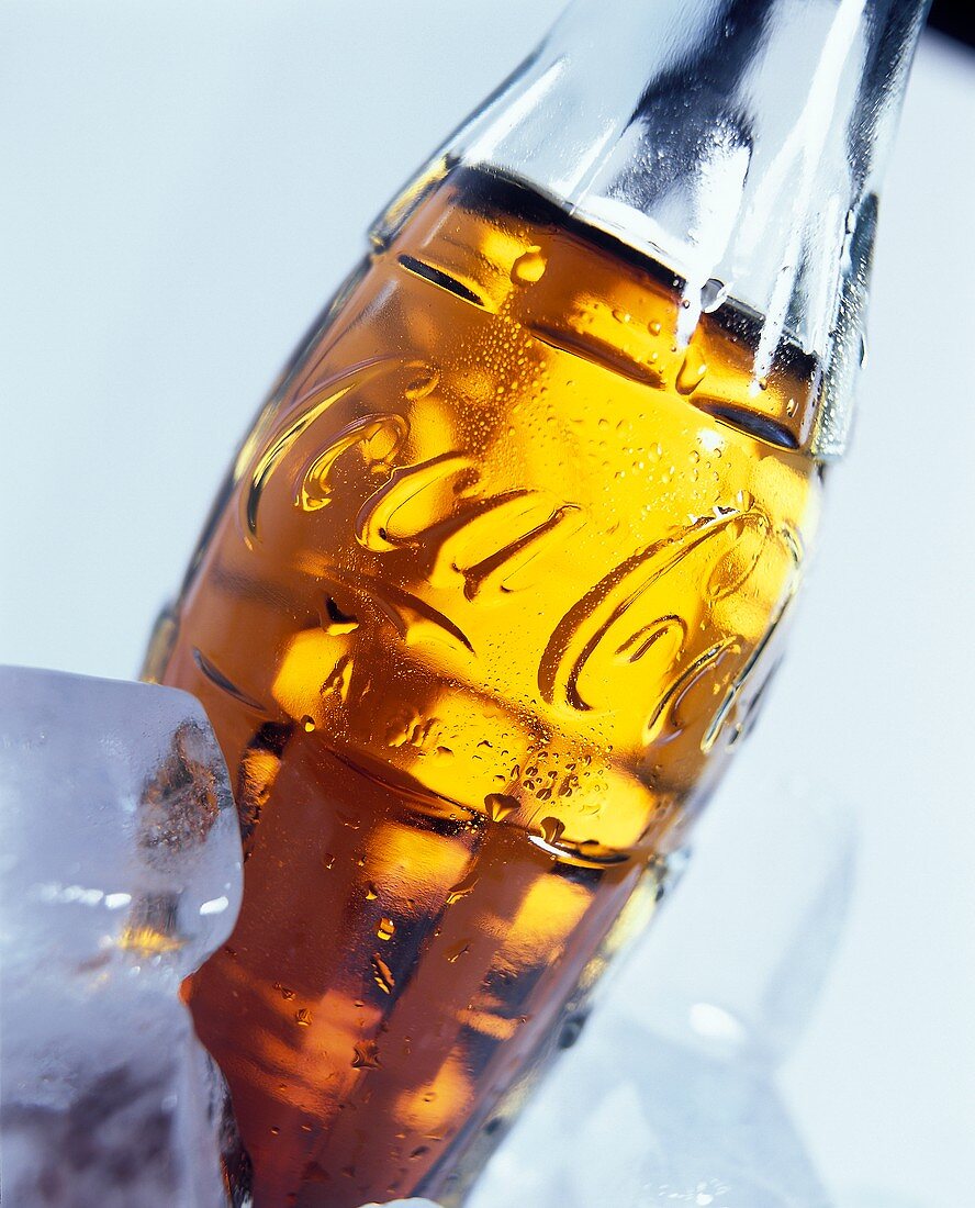 A bottle of Coca Cola among ice cubes
