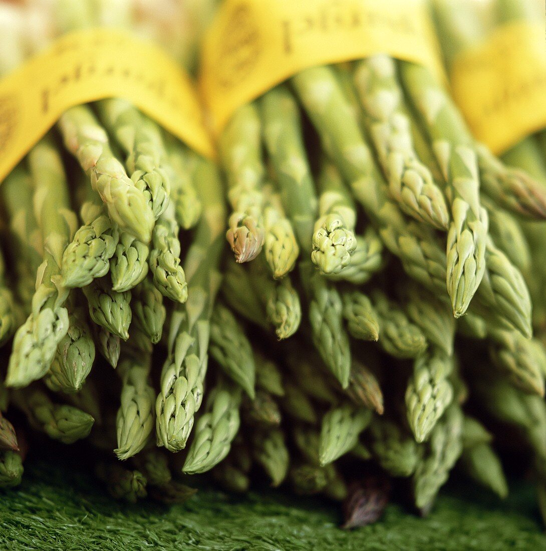 Mehrere Bund grüner Spargel auf dem Markt