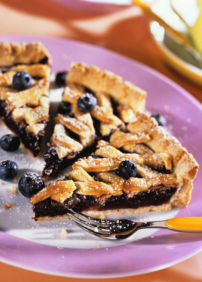 Blaubeerkuchen mit Puderzucker auf Teller