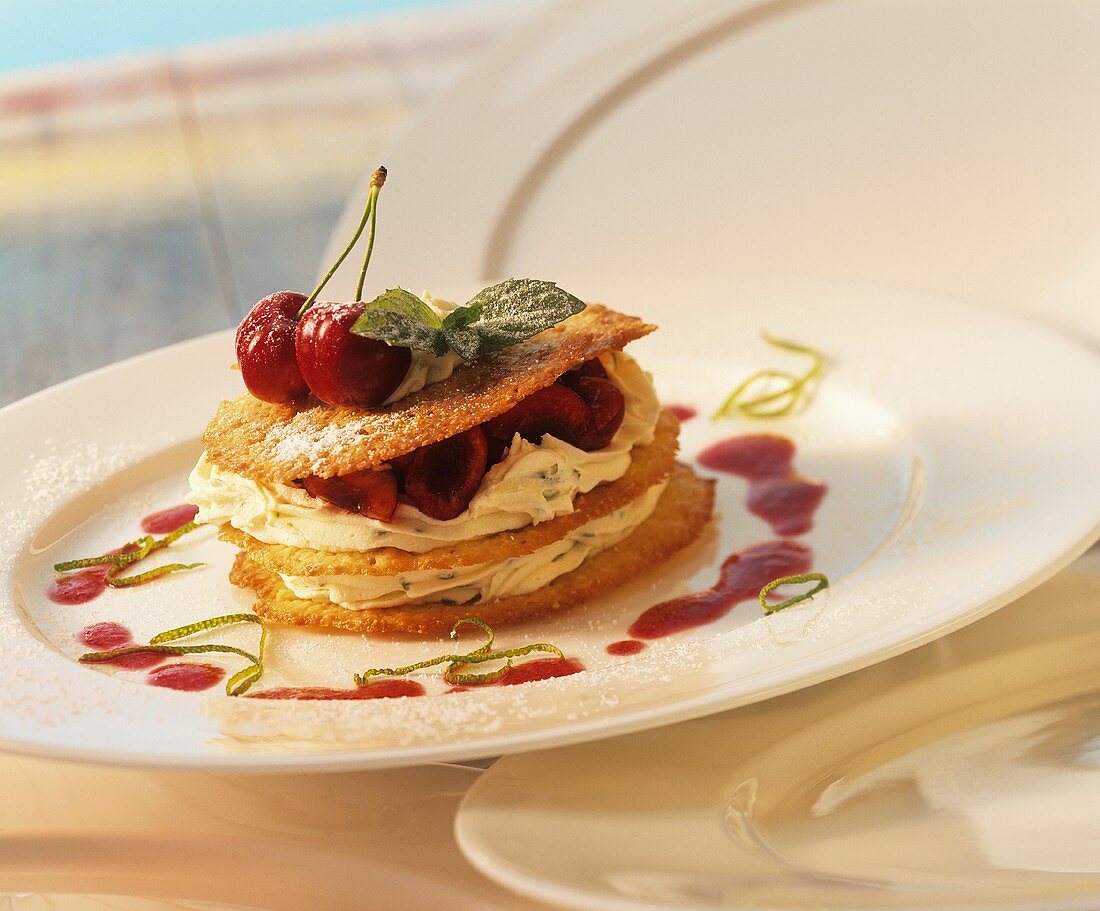 Millefeuilles with buttermilk mousse and cherries