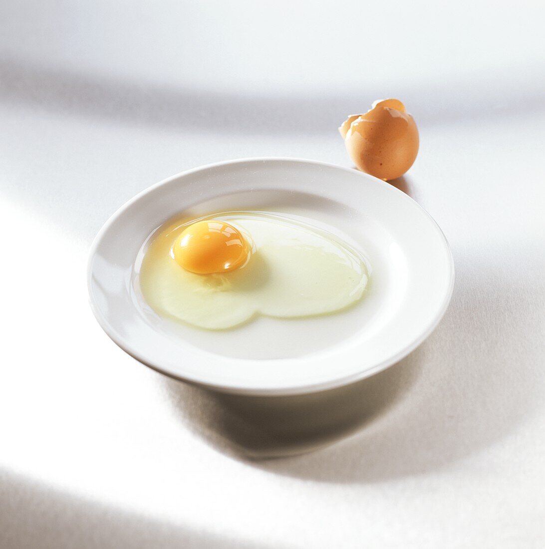 Mässig frisches aufgeschlagenes Ei auf weißem Teller
