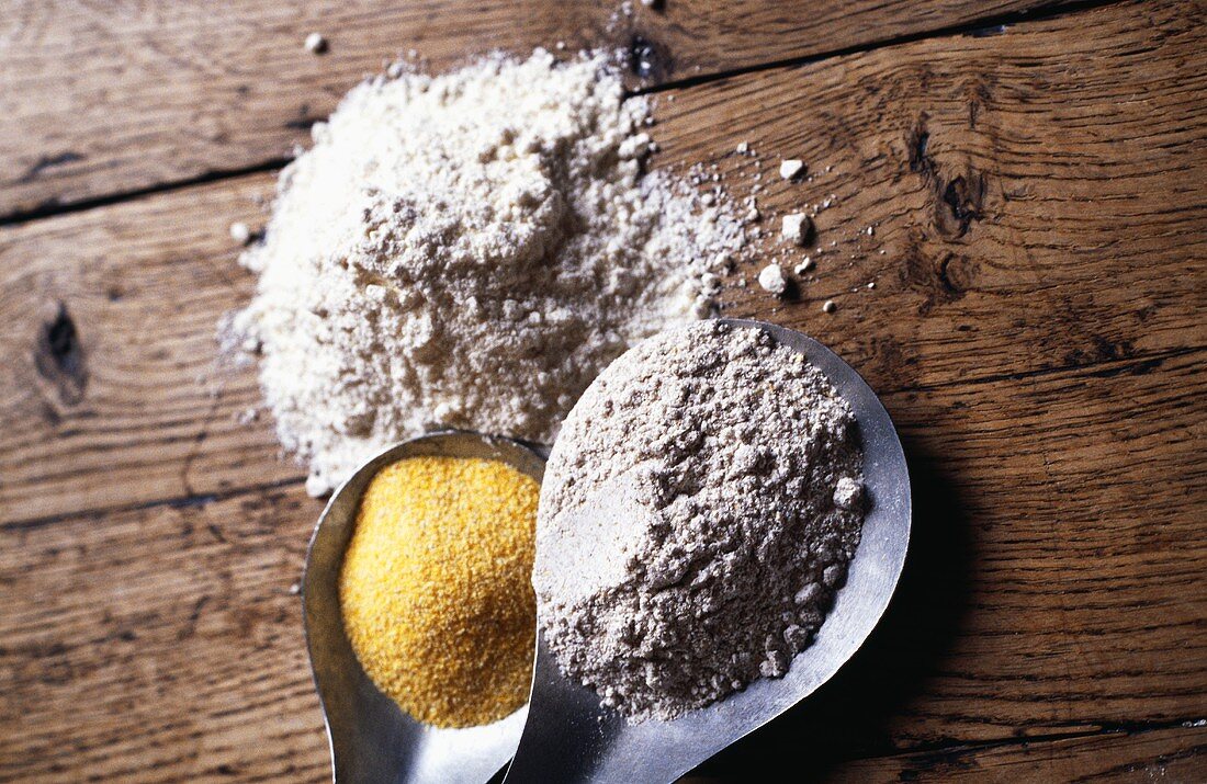 Three types of flour: rye, wheat, corn