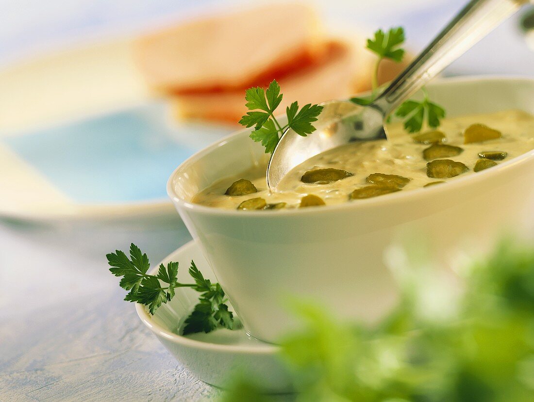 Mustard sauce with gherkins, garnished with parsley