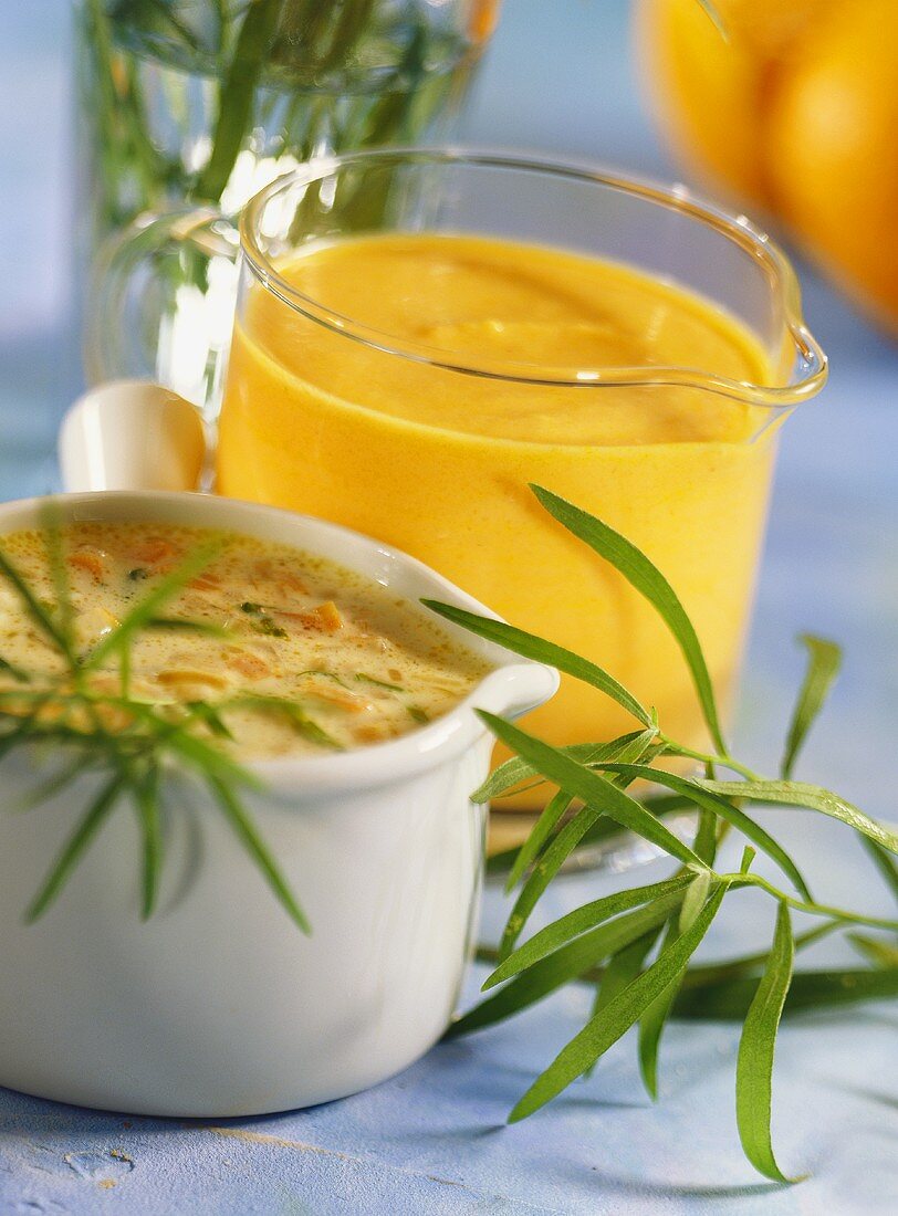 Cider sauce with tarragon and carrot sauce with ginger