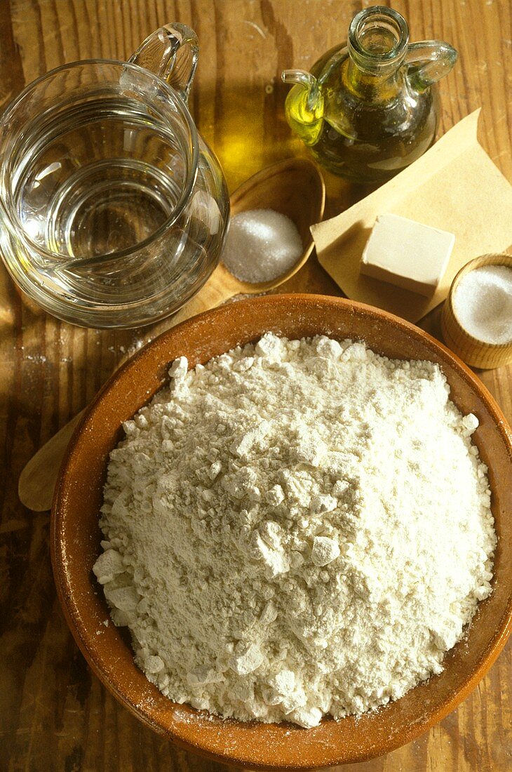 Pastry ingredients: flour, butter, salt, olive oil & water